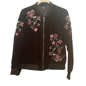 a.n.a Black Bomber Jacket with Red Floral Embroidery Soft Layer Whimsigoth Sz L